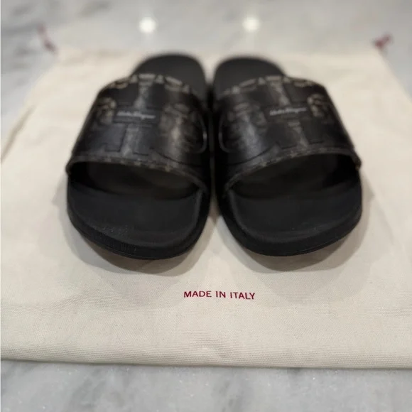 Salvatore Ferragamo Black Patterned Slide Sandals - Picture 7 of 7